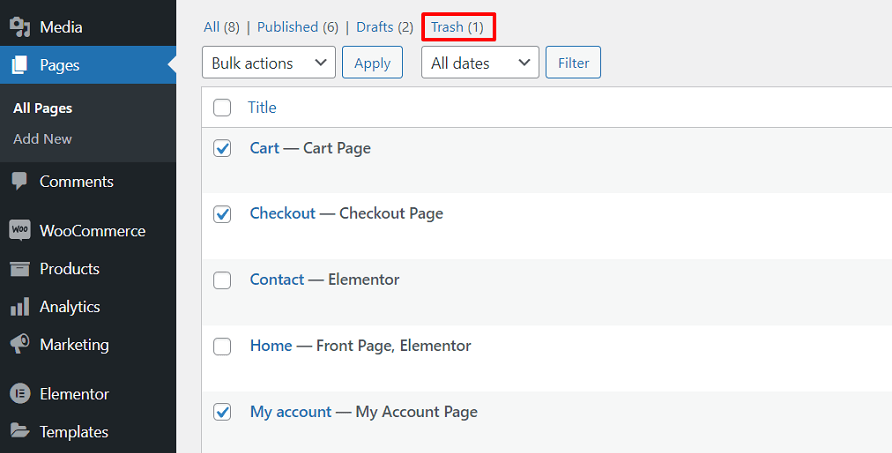 Trash WooCommerce Default Pages