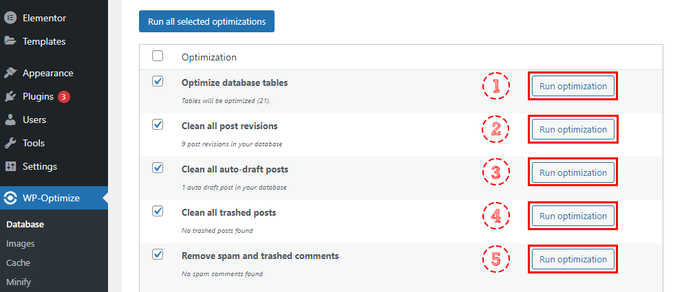 Clean Database - WP-Optimize