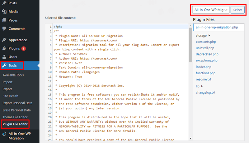 All in one WP Migration Plugin File Editor
