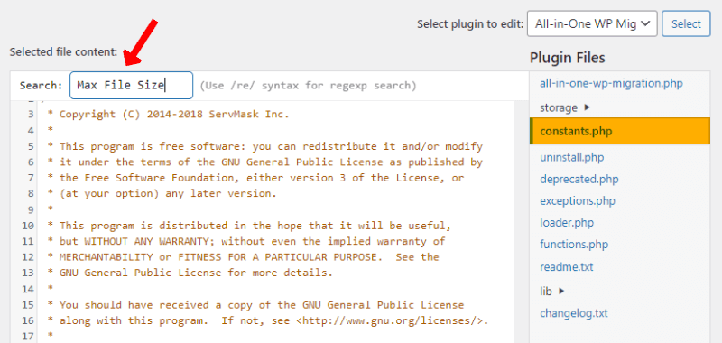Locate the Max File Size Line in All in one WP Migration Plugin